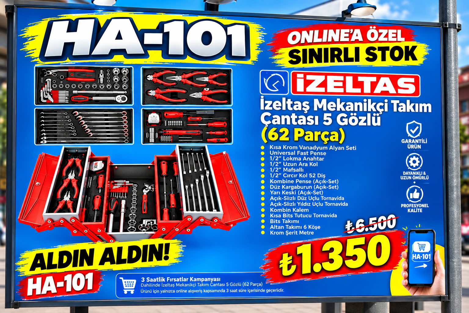 İzeltaş 62 Parça Mekanikçi Takım Çantası – 5 Bölmeli Çelik Gövde, Dayanıklı